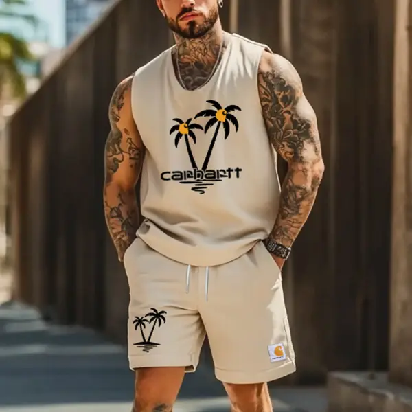 Men's Palm Tree Hawaii Surf Print Crew Neck Apricot Tank Top And Shorts Set - Ootdcowboys.com 