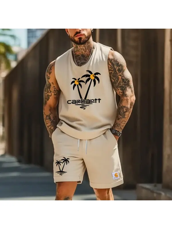 Men's Palm Tree Hawaii Surf Print Crew Neck Apricot Tank Top And Shorts Set - Ootdmw.com 