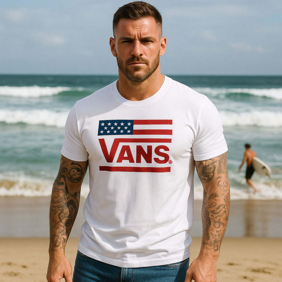 

Vans Men's Vintage American Flag Independence Day July 4th Print Cotton Short Sleeve T-Shirt