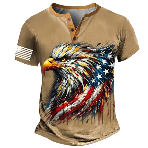 Men's Vintage Eagle 4th Of July Independence Day American Flag Patriotic Henley Collar Short Sleeve T-Shirt - Menzfolk.com 
