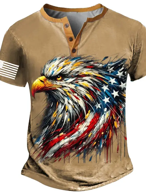 Men's Vintage Eagle 4th Of July Independence Day American Flag Patriotic Henley Collar Short Sleeve T-Shirt - Menbarn.com 