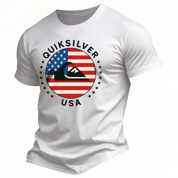 Quiksilver Men's Vintage American Flag Independence Day July 4th Surf Print Cotton Short Sleeve T-Shirt - Menzfolk.com 