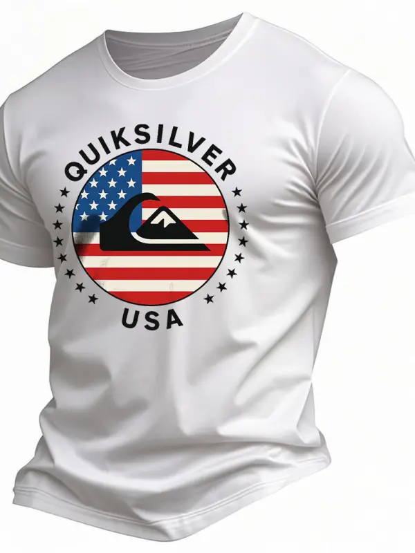 Quiksilver Men's Vintage American Flag Independence Day July 4th Surf Print Cotton Short Sleeve T-Shirt - Menbarn.com 