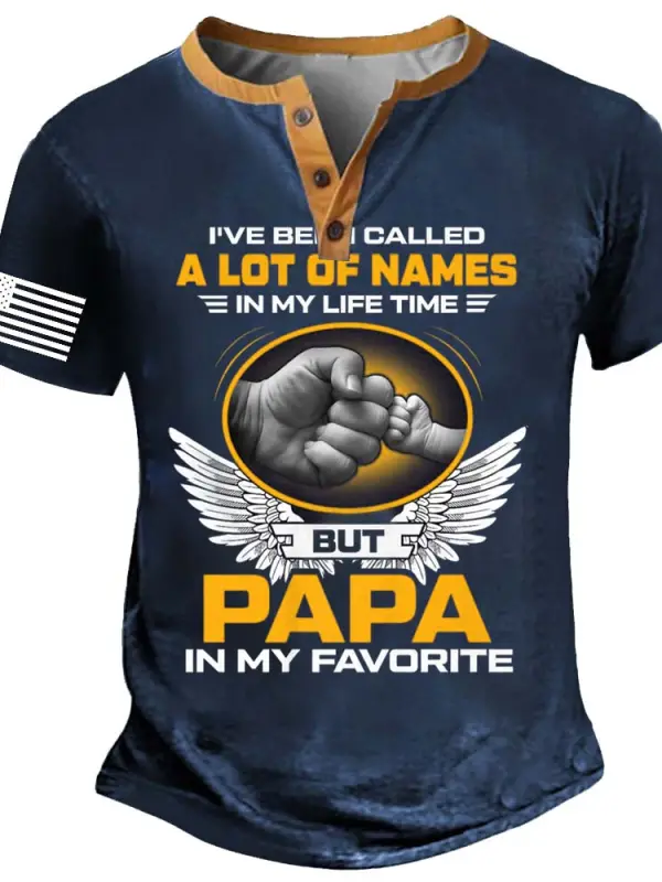 Men's Vintage I've Been Called A Lot Of Names But Papa Is My Favorite Father's Day Henley Collar Short Sleeve T-Shirt - Menbarn.com 