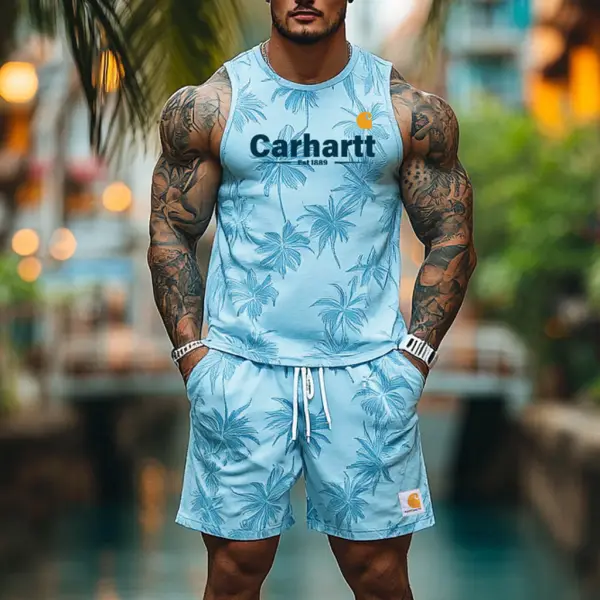 Men's Palm Tree Hawaii Surf Print Crew Neck Light Blue Tank Top And Shorts Set - Menzfolk.com 