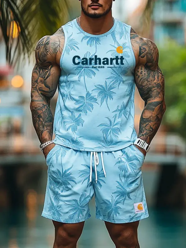 Men's Palm Tree Hawaii Surf Print Crew Neck Light Blue Tank Top And Shorts Set - Menwyx.com 