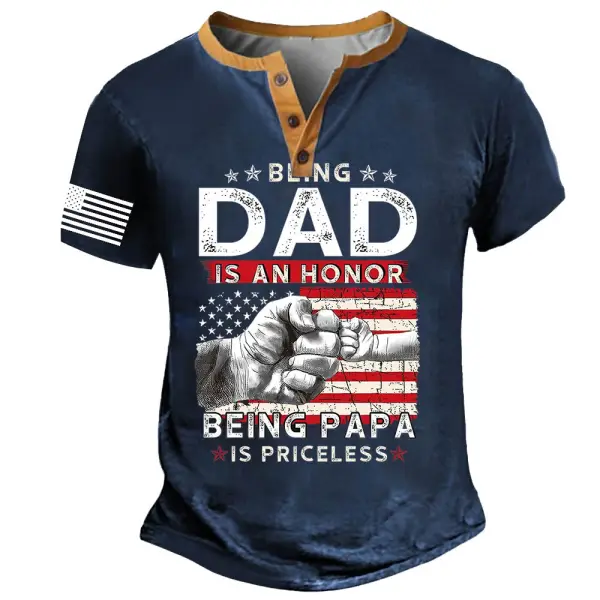 Men's Vintage American Flag An Honor Being Papa Father's Day Henley Short Sleeve T-Shirt - Menzfolk.com 