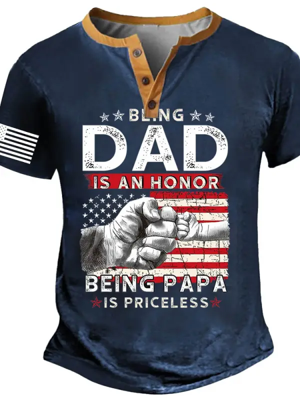 Men's Vintage American Flag An Honor Being Papa Father's Day Henley Short Sleeve T-Shirt - Menbarn.com 