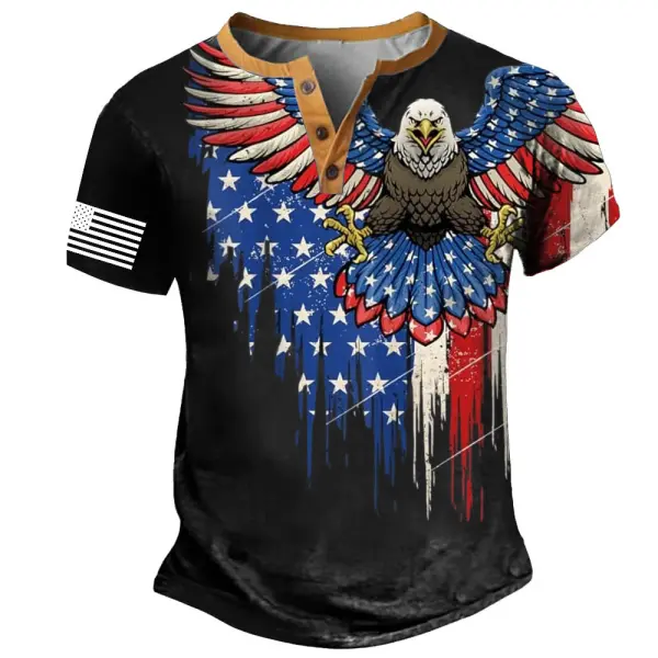 Men's Vintage Eagle 4th Of July Independence Day American Flag Patriotic Henley Collar Short Sleeve T-Shirt - Menzfolk.com 