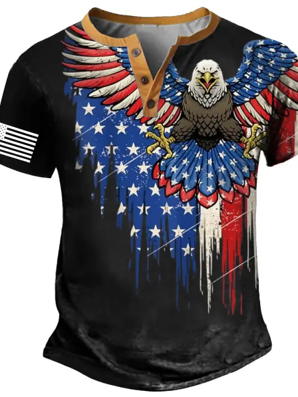 Men's Vintage Eagle 4th Of July Independence Day American Flag Patriotic Henley Collar Short Sleeve T-Shirt - Menbarn.com 