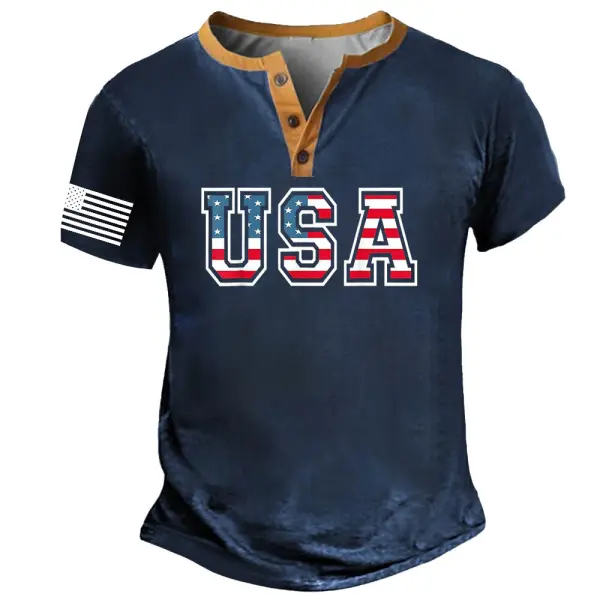 Men's Vintage USA 4th Of July Independence Day American Flag Patriotic Henley Collar Short Sleeve T-Shirt - Menzfolk.com 