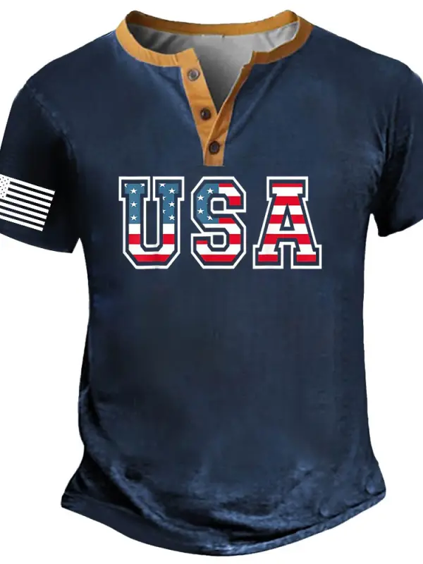 Men's Vintage USA 4th Of July Independence Day American Flag Patriotic Henley Collar Short Sleeve T-Shirt - Menbarn.com 