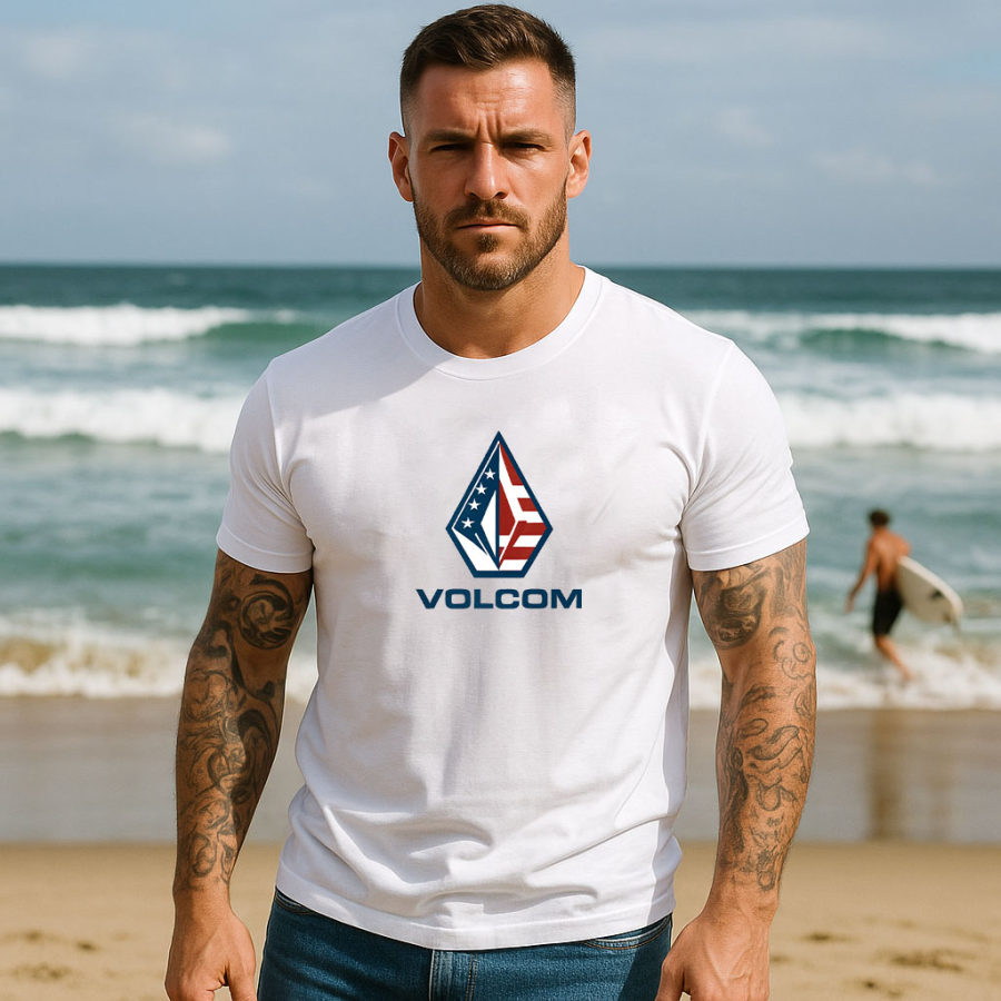 

Volcom Men's Vintage American Flag Independence Day July 4th Surf Print Cotton Short Sleeve T-Shirt