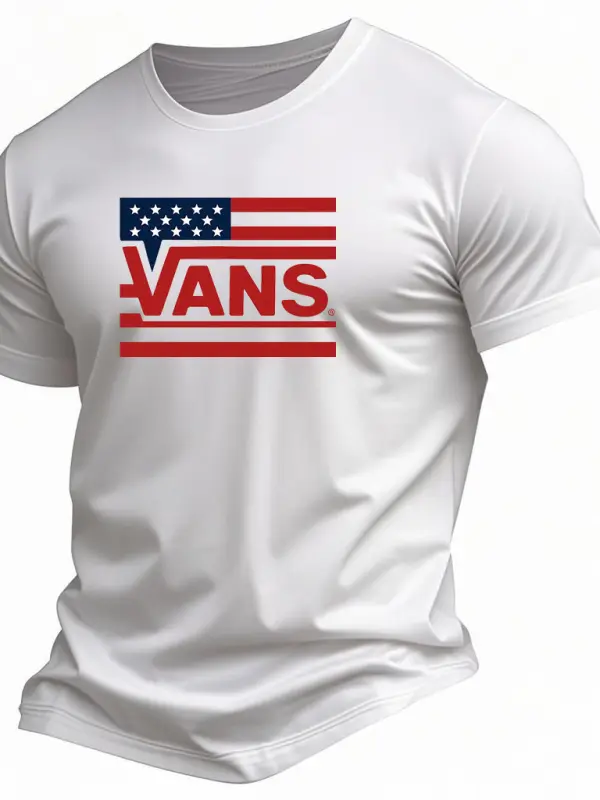 Vans Men's Vintage American Flag Independence Day July 4th Print Cotton Short Sleeve T-Shirt - Menwyx.com 