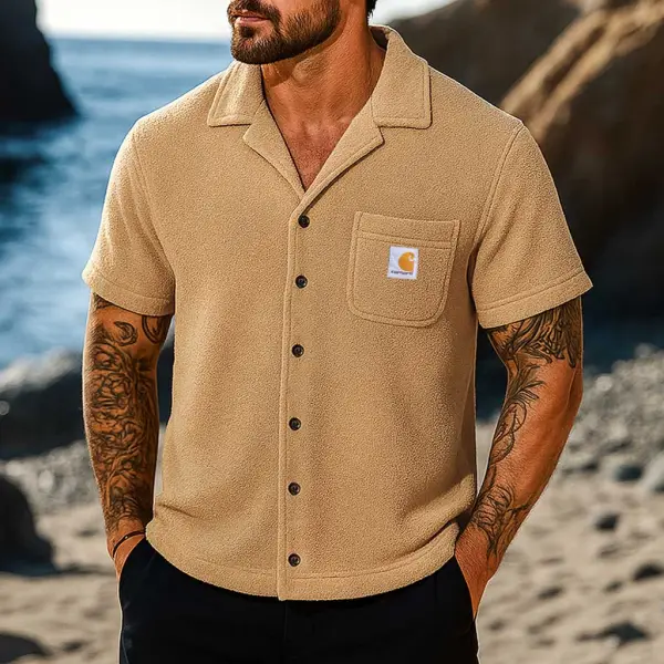 Men's Vintage Surf Terry Towelling Pocket Hawaiian Cuban Collar Short Sleeve Shirt - Ootdyouth.com 