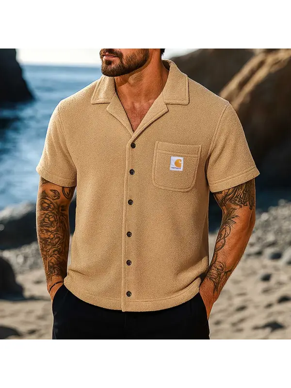 Men's Vintage Surf Terry Towelling Pocket Hawaiian Cuban Collar Short Sleeve Shirt - Frontiercool.com 