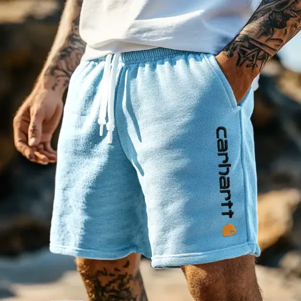 Men's Vintage Terry Towelling Embroidery Elastic Drawstring Surfing Sky Blue Shorts Boardshorts - Spiretime.com 