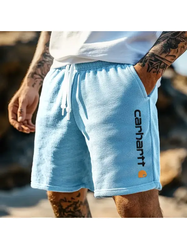 Men's Vintage Terry Towelling Embroidery Elastic Drawstring Surfing Sky Blue Shorts Boardshorts - Frontiercool.com 