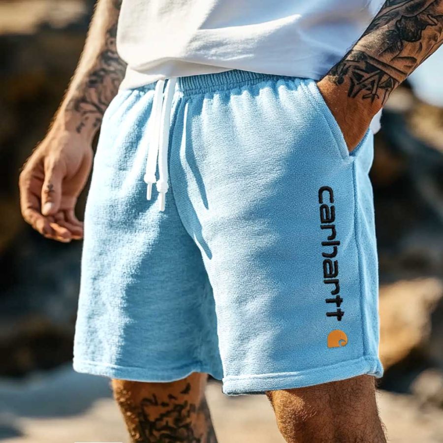 

Men's Vintage Terry Towelling Embroidery Elastic Drawstring Surfing Sky Blue Shorts Boardshorts