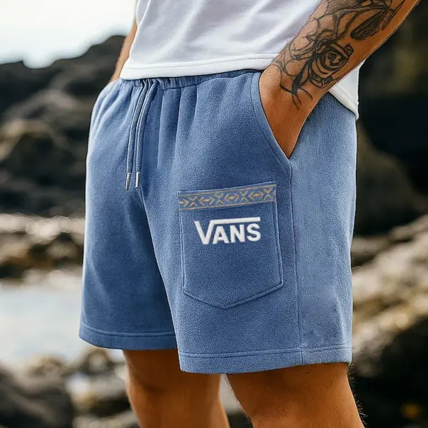 Men's Vintage Terry Towelling Embroidery Elastic Drawstring Surfing Shorts Boardshorts - Spiretime.com 