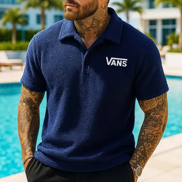 Men's Vintage Surf Terry Towelling Embroidered Polo Navy Short Sleeve T-Shirt - Ootdyouth.com 