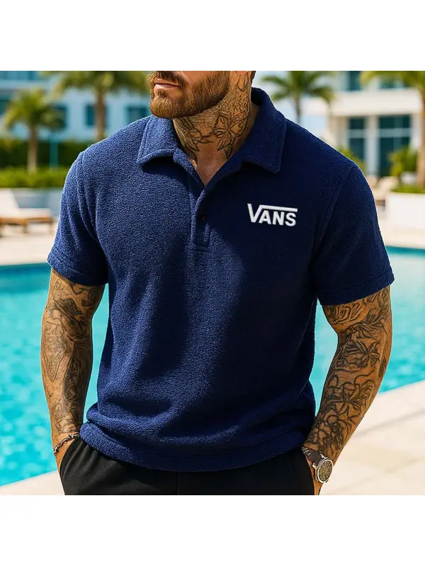 Men's Vintage Surf Terry Towelling Embroidered Polo Navy Short Sleeve T-Shirt - Frontiercool.com 