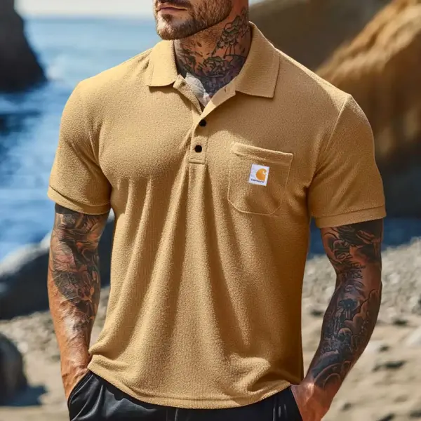 Men's Vintage Surf Terry Towelling Chest Pocket Polo Short Sleeve T-Shirt - Ootdyouth.com 