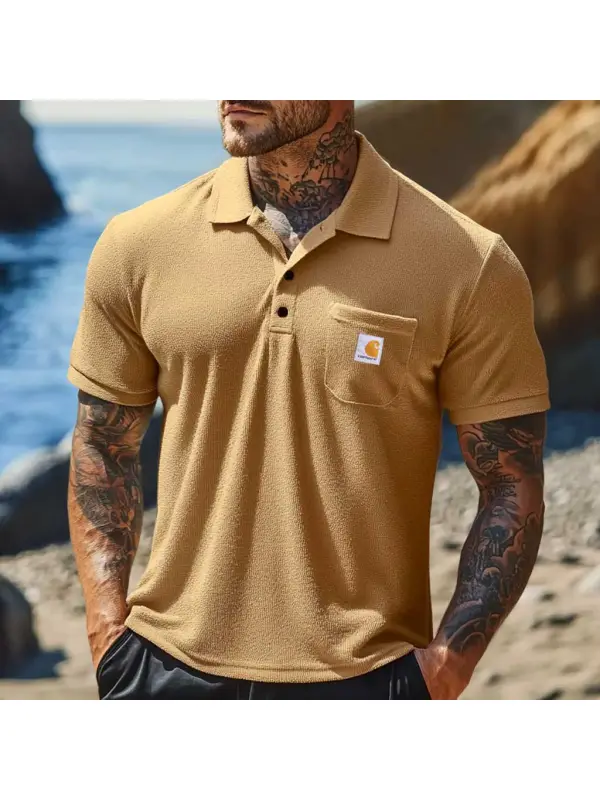 Men's Vintage Surf Terry Towelling Chest Pocket Polo Short Sleeve T-Shirt - Frontiercool.com 