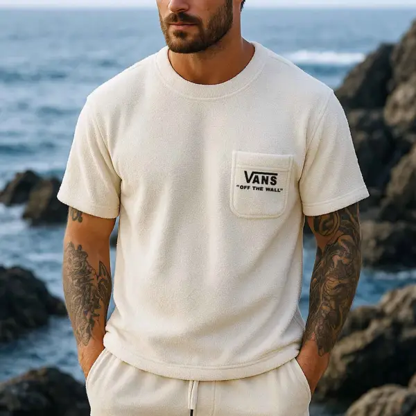 Men's Vintage Terry Towelling Embroidered Surfing Chest Pocket Beige Short Sleeve Crew Neck T-Shirt - Ootdyouth.com 