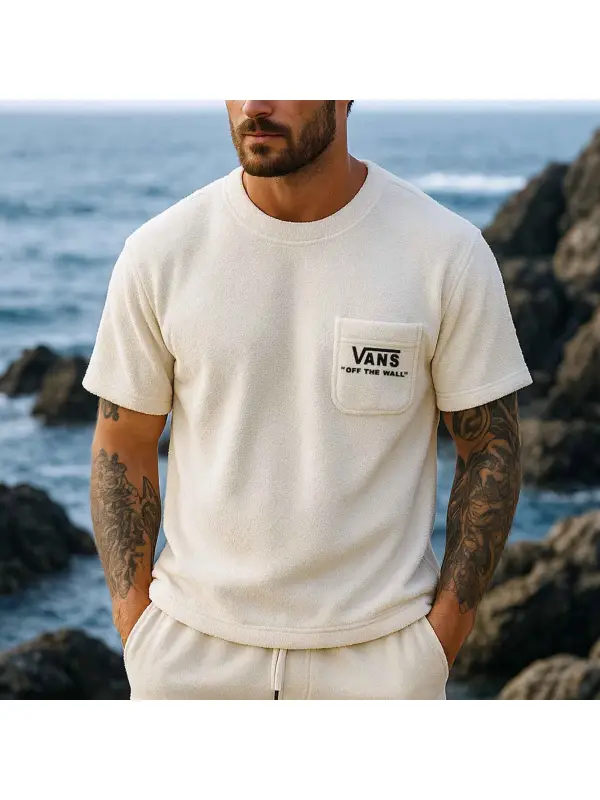 Men's Vintage Terry Towelling Embroidered Surfing Chest Pocket Beige Short Sleeve Crew Neck T-Shirt - Frontiercool.com 