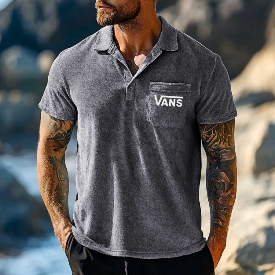 

Men's Vintage Surf Terry Towelling Embroidered Chest Pocket Polo Short Sleeve T-Shirt