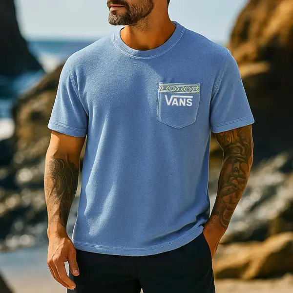Men's Vintage Terry Towelling Aztec Embroidered Surfing Chest Pocket Short Sleeve Crew Neck T-Shirt - Ootdcowboys.com 