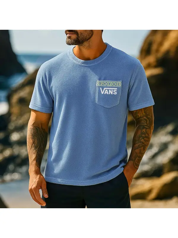 Men's Vintage Terry Towelling Aztec Embroidered Surfing Chest Pocket Short Sleeve Crew Neck T-Shirt - Frontiercool.com 