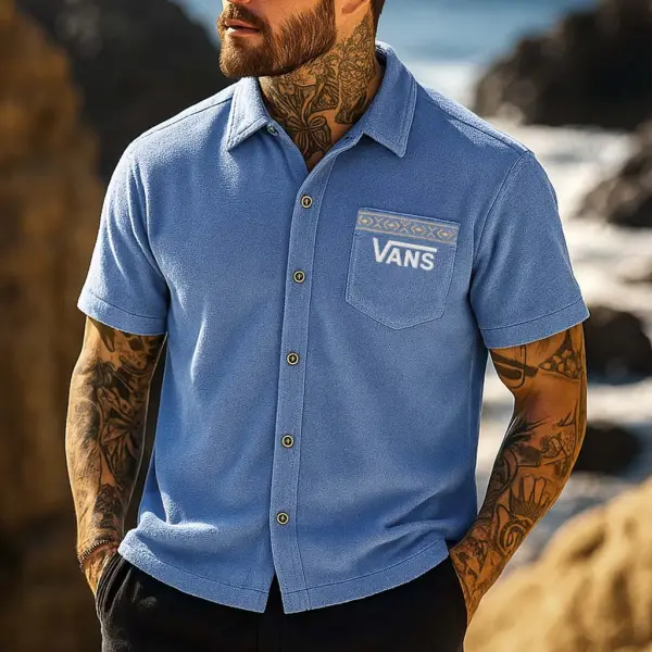 Men's Vintage Surf Terry Towelling Aztec Embroidery Pocket Hawaiian Lapel Short Sleeve Shirt - Ootdyouth.com 