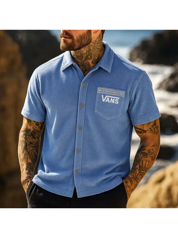 Men's Vintage Surf Terry Towelling Aztec Embroidery Pocket Hawaiian Lapel Short Sleeve Shirt - Frontiercool.com 