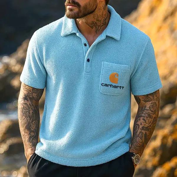 Men's Vintage Surf Terry Towelling Embroidered Chest Pocket Polo Short Sleeve T-Shirt - Ootdyouth.com 