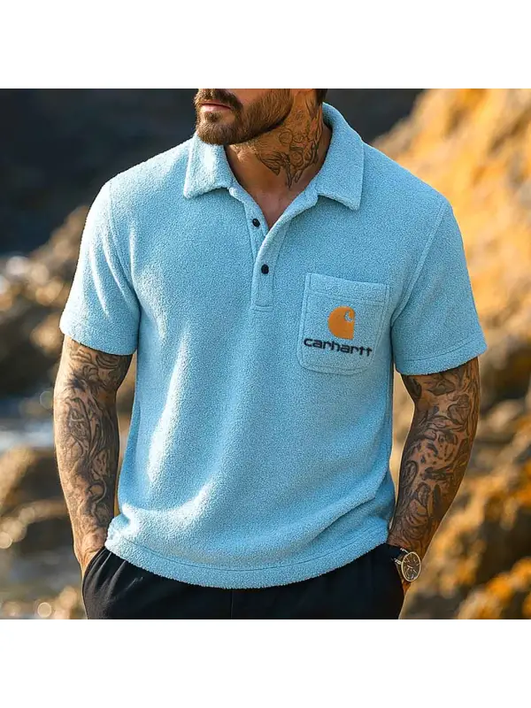 Men's Vintage Surf Terry Towelling Embroidered Chest Pocket Polo Short Sleeve T-Shirt - Frontiercool.com 