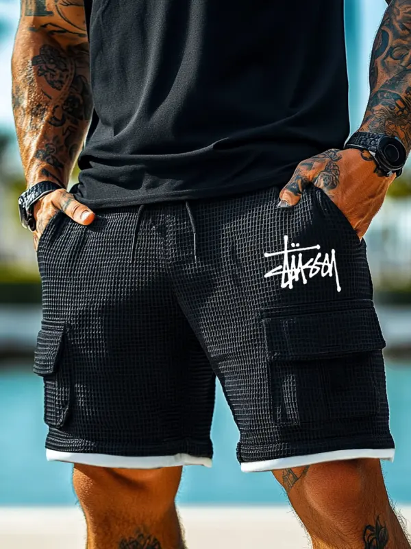 Stussy Men's Black Waffle Fabric Patchwork Knit Pockets Surf Shorts - Menwyx.com 