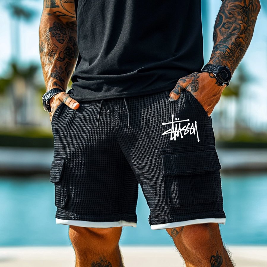 

Men's Vintage Black Waffle Fabric Patchwork Knit Pockets Surf Elastic Drawstring Shorts