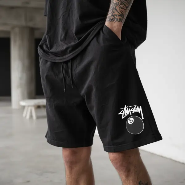 Men's Vintage Street Style Black8 Ball Print Outdoor Shorts - Rabclub.com 
