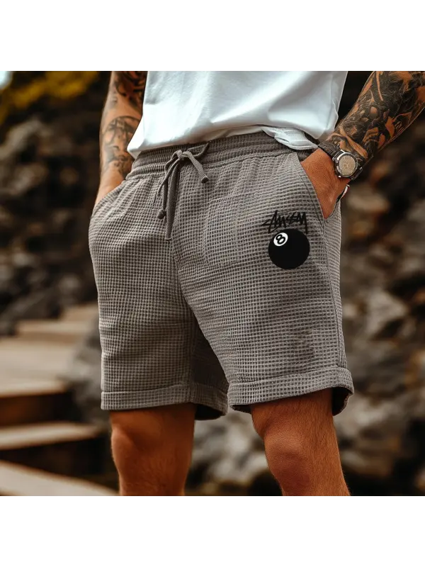 Men's Vintage Gray Waffle Fabric Patchwork Knit Pockets Surf Elastic Drawstring Shorts - Anrider.com 