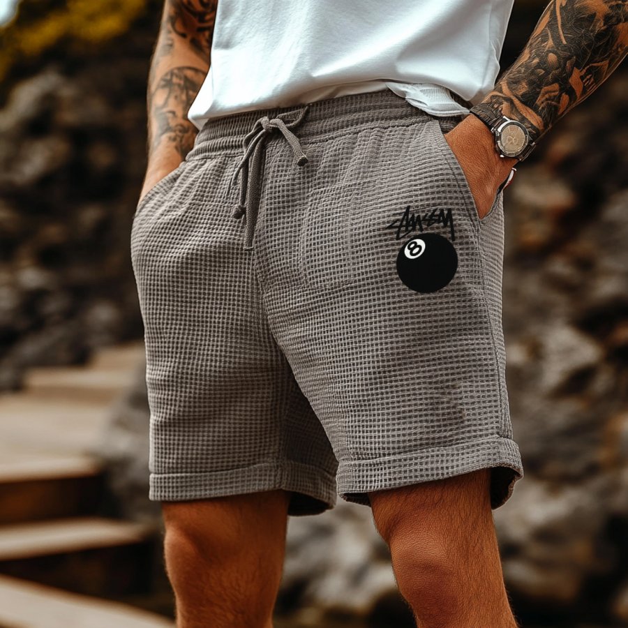 

Men's Vintage Gray Waffle Fabric Patchwork Knit Pockets Surf Elastic Drawstring Shorts