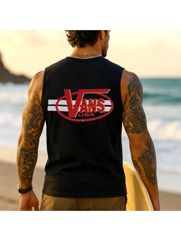 Classic Sleeveless Graphic Tee For Beach And Casual Wear - Frontiercool.com 