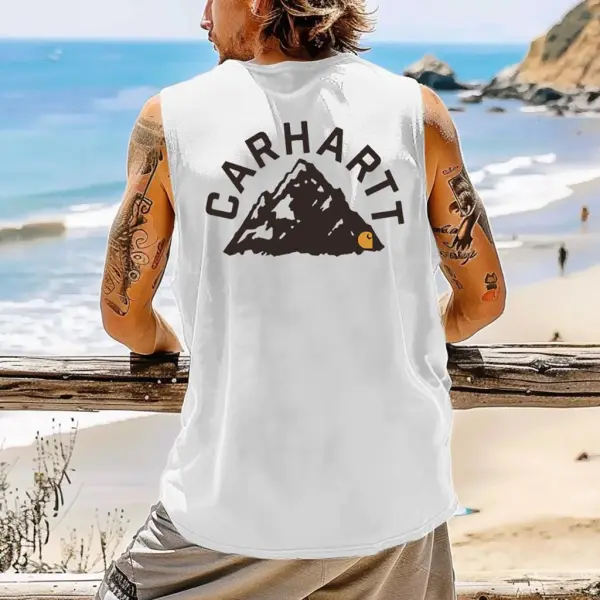 Men's Vintage Mountain Surfing Print Sleeveless Tank Top - Ootdyouth.com 
