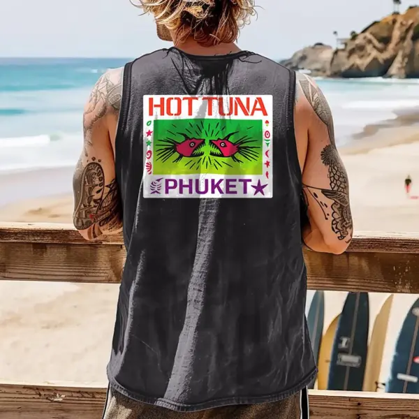 Men's Vintage Hot Fish Sea Life Surf Print Sleeveless Tank Top - Ootdyouth.com 
