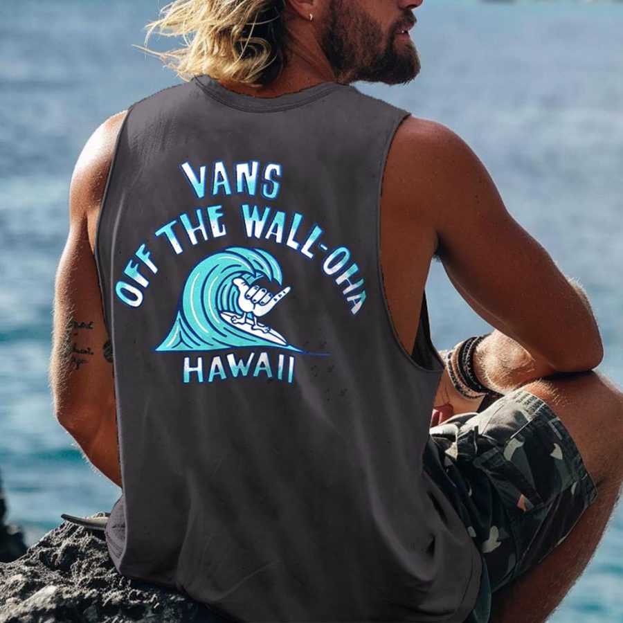 

Men's Vintage Off The Wall-Oha Haiwaii Surfing Wave Print Sleeveless Tank Top