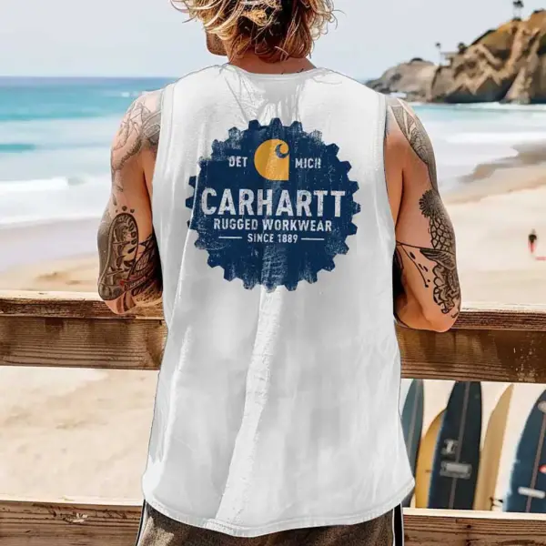 Men's Vintage Rugged Workwear Since 1889 Surfing Print Sleeveless Tank Top - Ootdyouth.com 