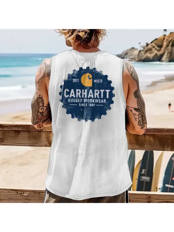Men's Vintage Rugged Workwear Since 1889 Surfing Print Sleeveless Tank Top - Frontiercool.com 