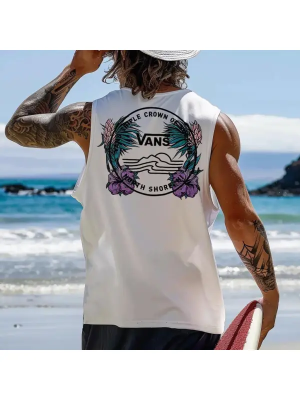 Men's Vintage Triple Crown Of Surfing Print Sleeveless Tank Top - Frontiercool.com 