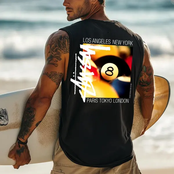 Men's Vintage Surfing Oversized Street Style Black8 Ball Print Tank Top - Ootdcowboys.com 